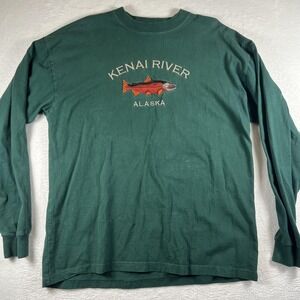 Oarsman Kenai River Alaska Shirt Mens Large Green Long Sleeve Fish Embroidered
